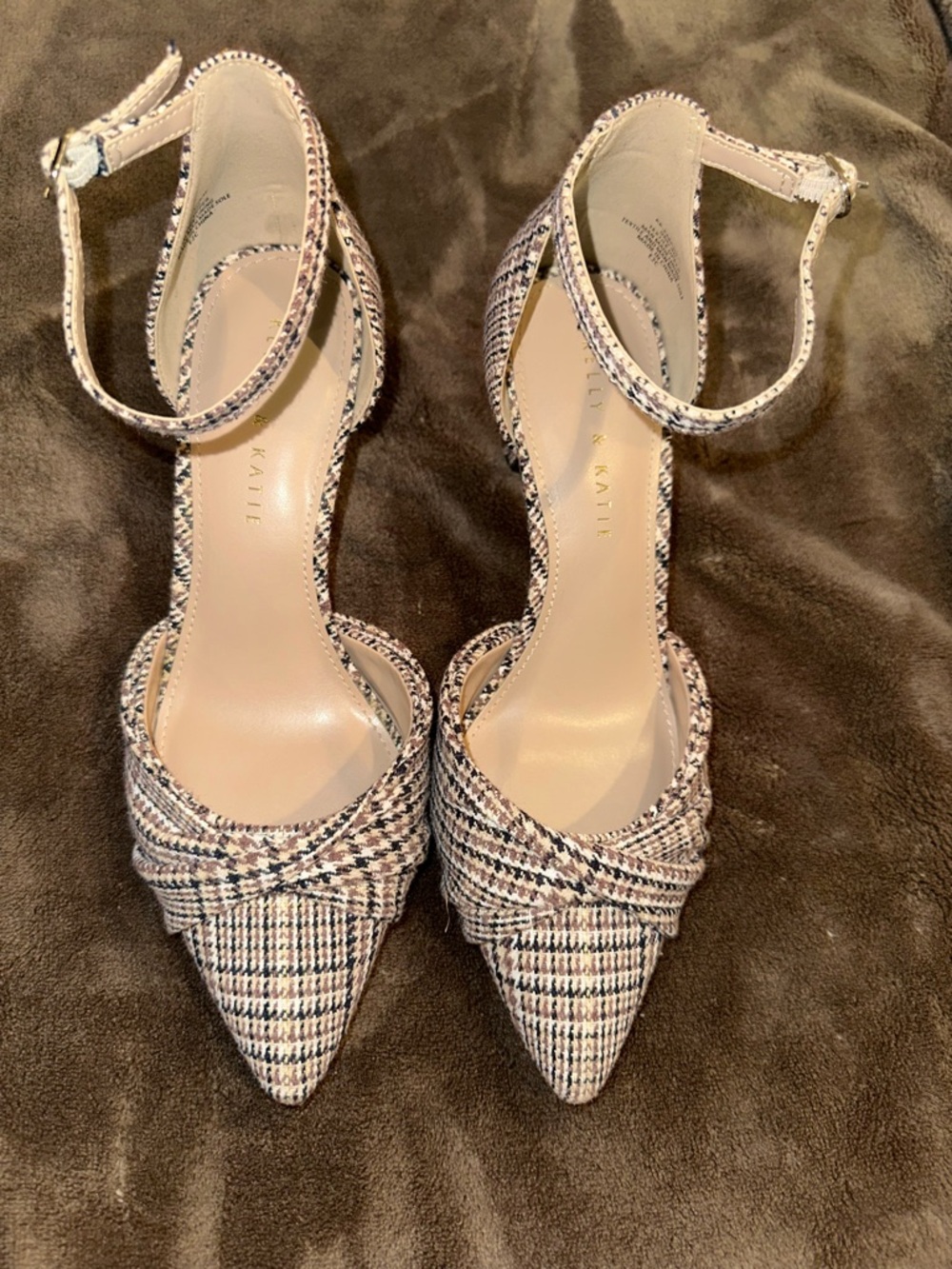 Kelly & Katie Tweed Pointed-Toe Ankle-Strap Pumps in Black and Cream
